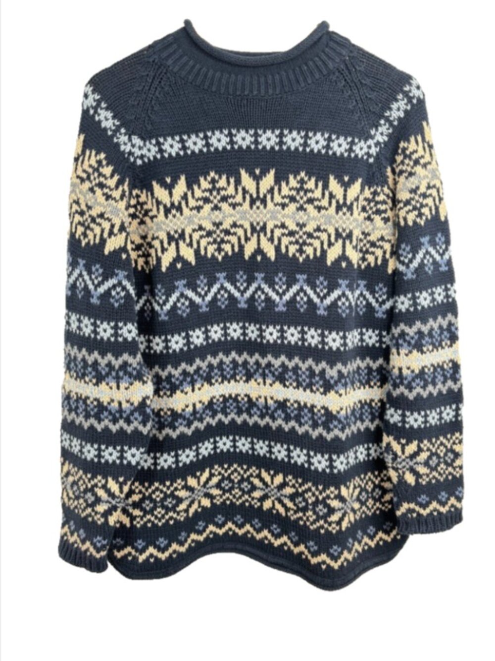 VTG 90s Eddie Bauer Fair Isle Roll Neck Sweater Womens XL Navy Blue 100% Cotton
